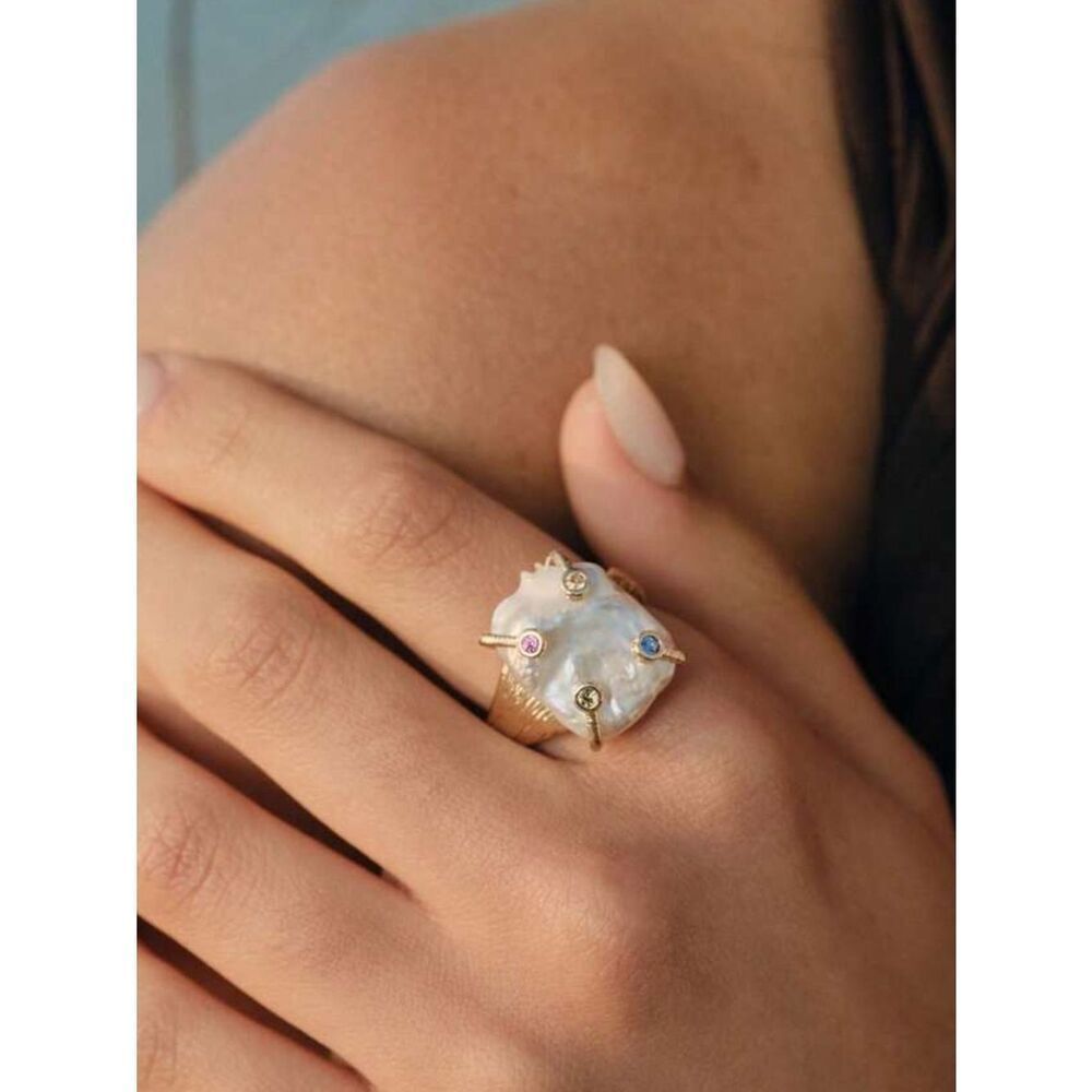Gold Pearl Statement Ring with Multicolor Gem Accents R 609